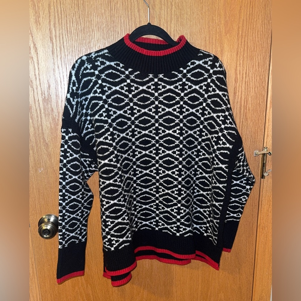 T by Talbots Mock Neck Lattice Lodge Black and White Knit Sweater